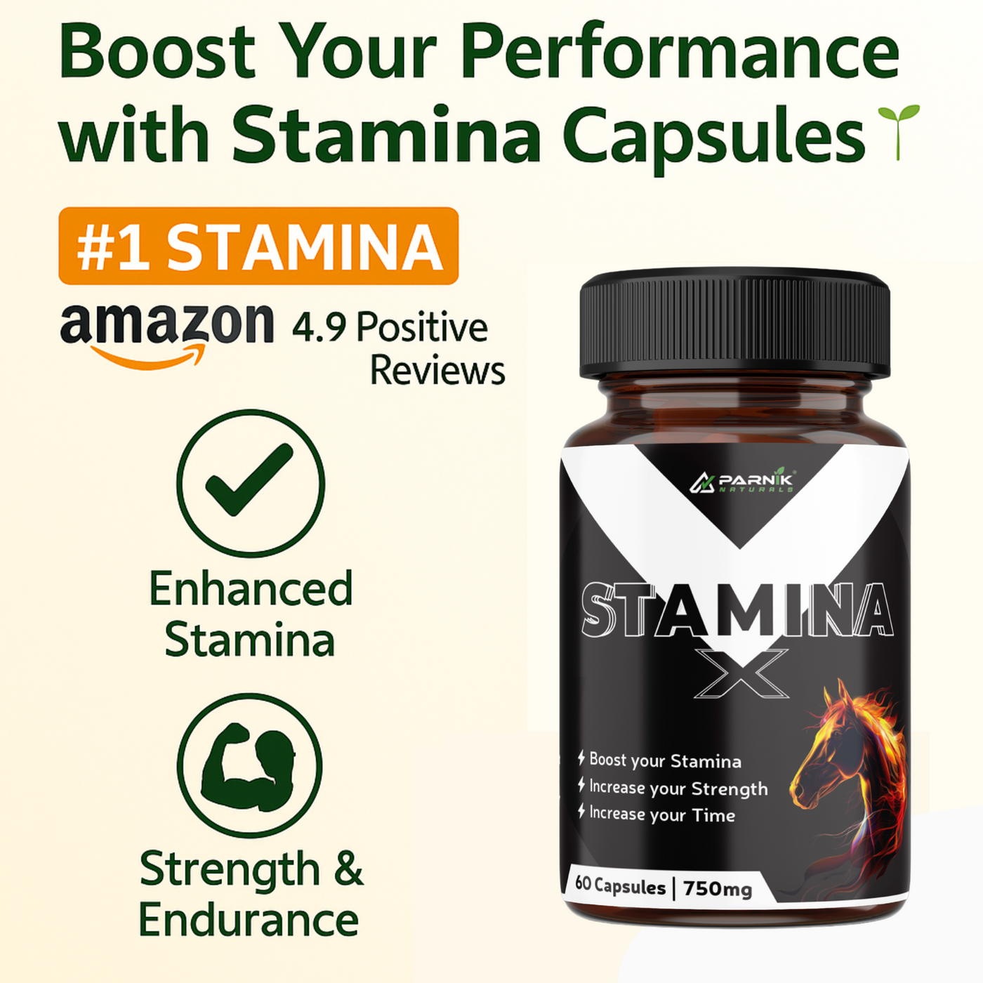 Parnik Naturals Stamina+ 750mg | Stamina & Testosterone Booster for Men | Energy, Strength & Endurance – 60 Capsules