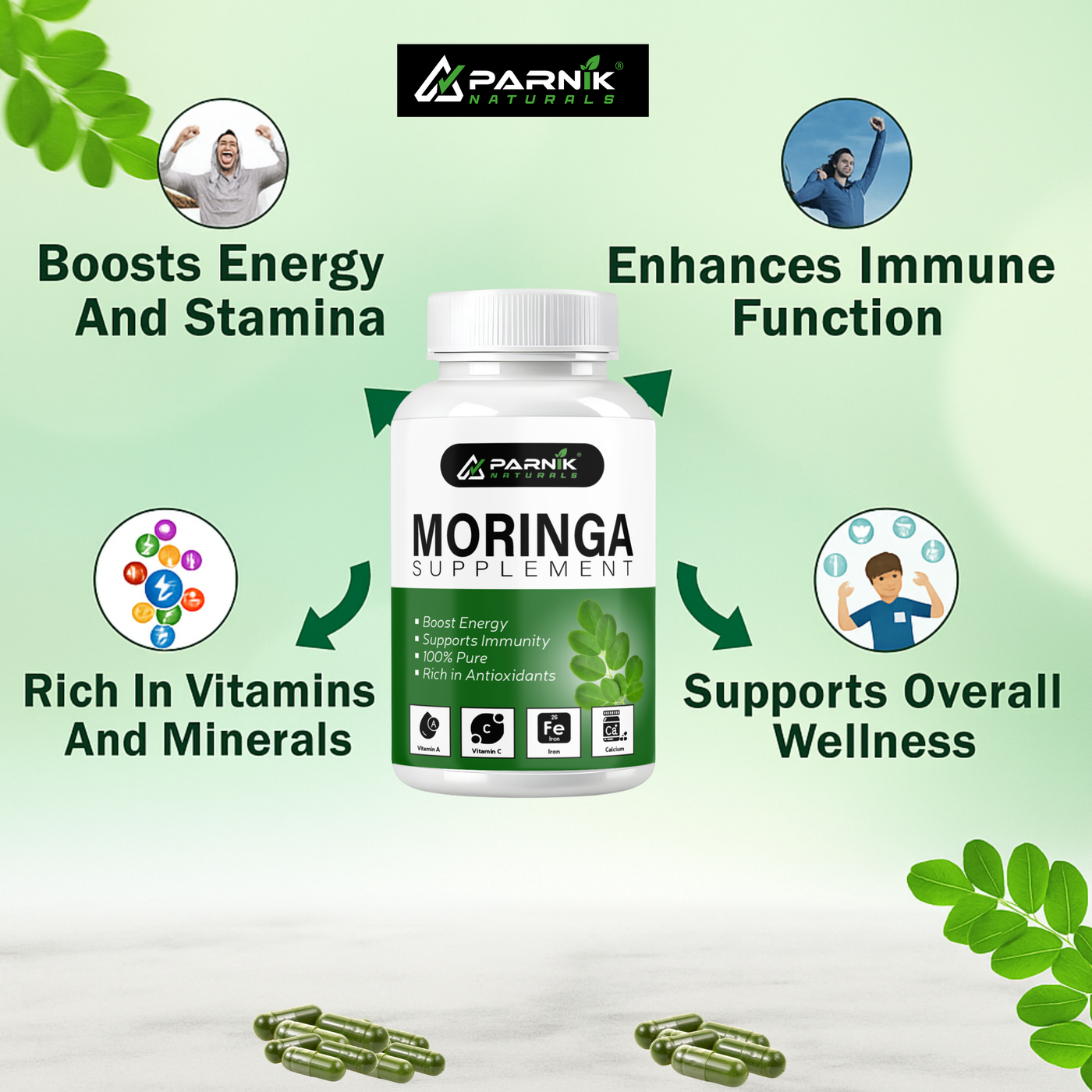 Parnik Naturals Moringa Capsules 60 – Ayurvedic Vegan Herbal Supplement for Immunity, Energy, Detox & Weight Loss